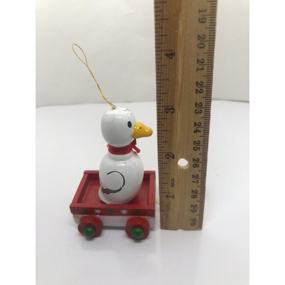Vintage Wooden Duck Ornament 3" Hand Painted Goose In Wagon Christmas paint chip - Picture 5 of 7